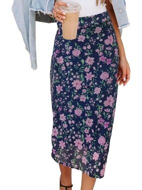 Navy Floral Midi Skirt with Pink Blossoms